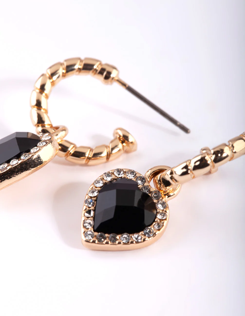 Gold Black Diamante Heart Huggie Earrings - Image 3