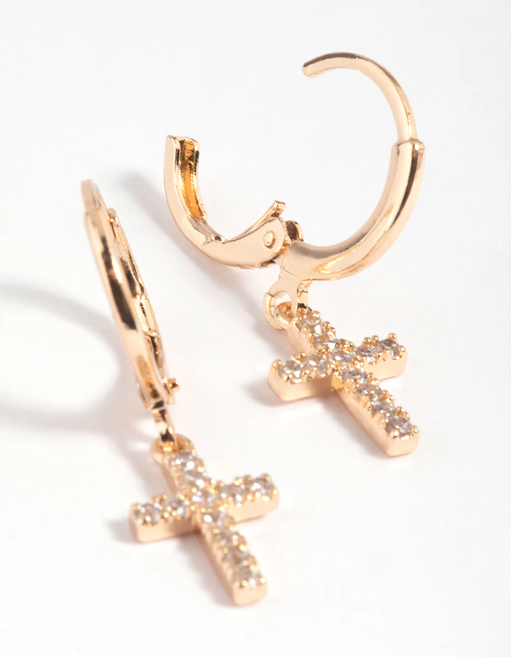 Gold Cubic Zirconia Cross Huggie Hoop Earrings - Image 8