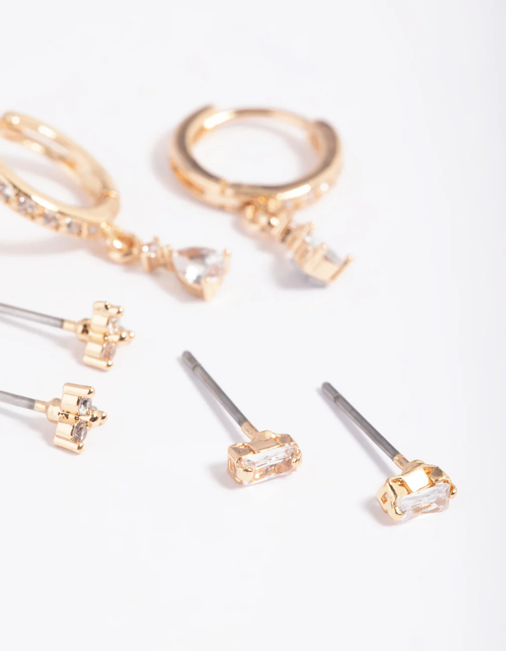 Gold Cubic Zirconia Dainty Stud & Huggie Earring Stack Pack - Image 3