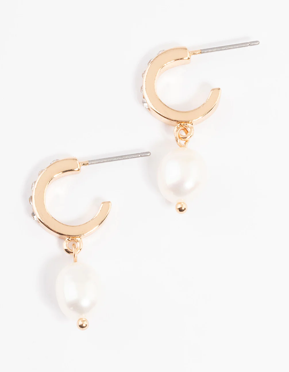 Gold Diamante & Freshwater Pearl Drop Huggie Earrings - Image 3