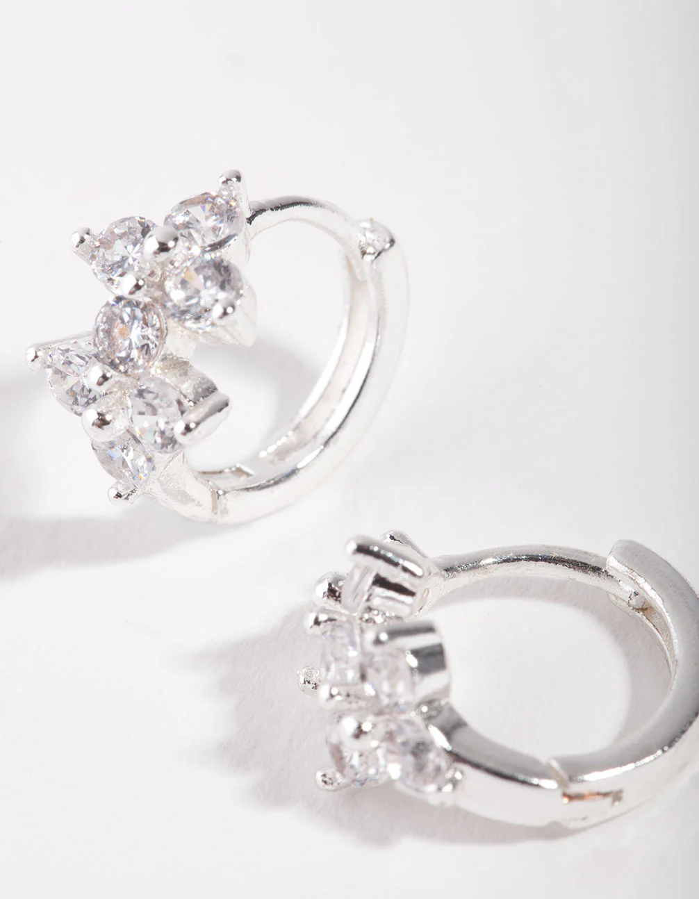 Silver Cubic Zirconia Double Flower Huggie Earrings - Image 3
