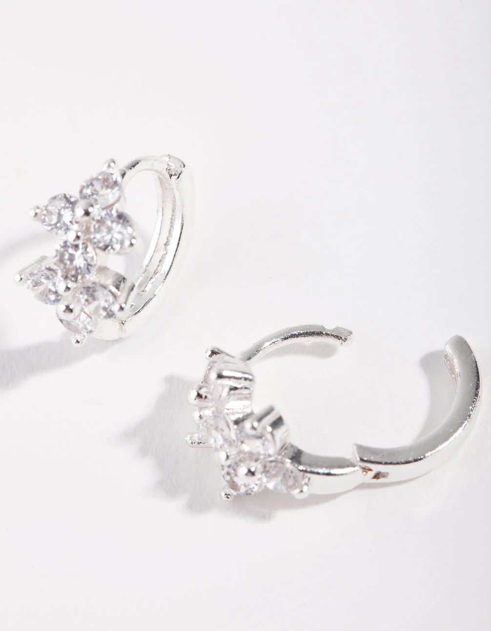 Silver Cubic Zirconia Double Flower Huggie Earrings - Image 4