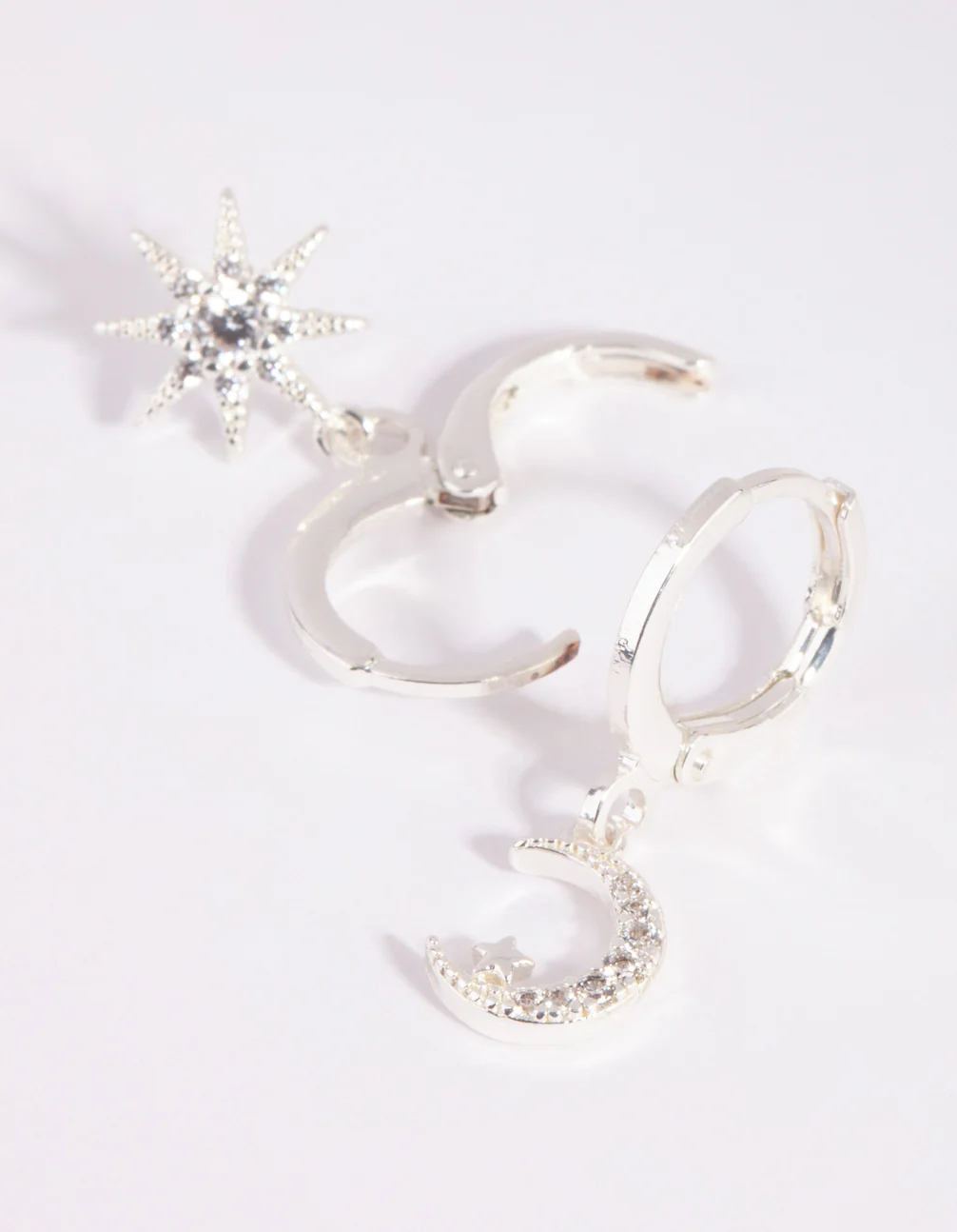 Silver Diamante Mismatched Celestial Huggie Earrings - Image 2