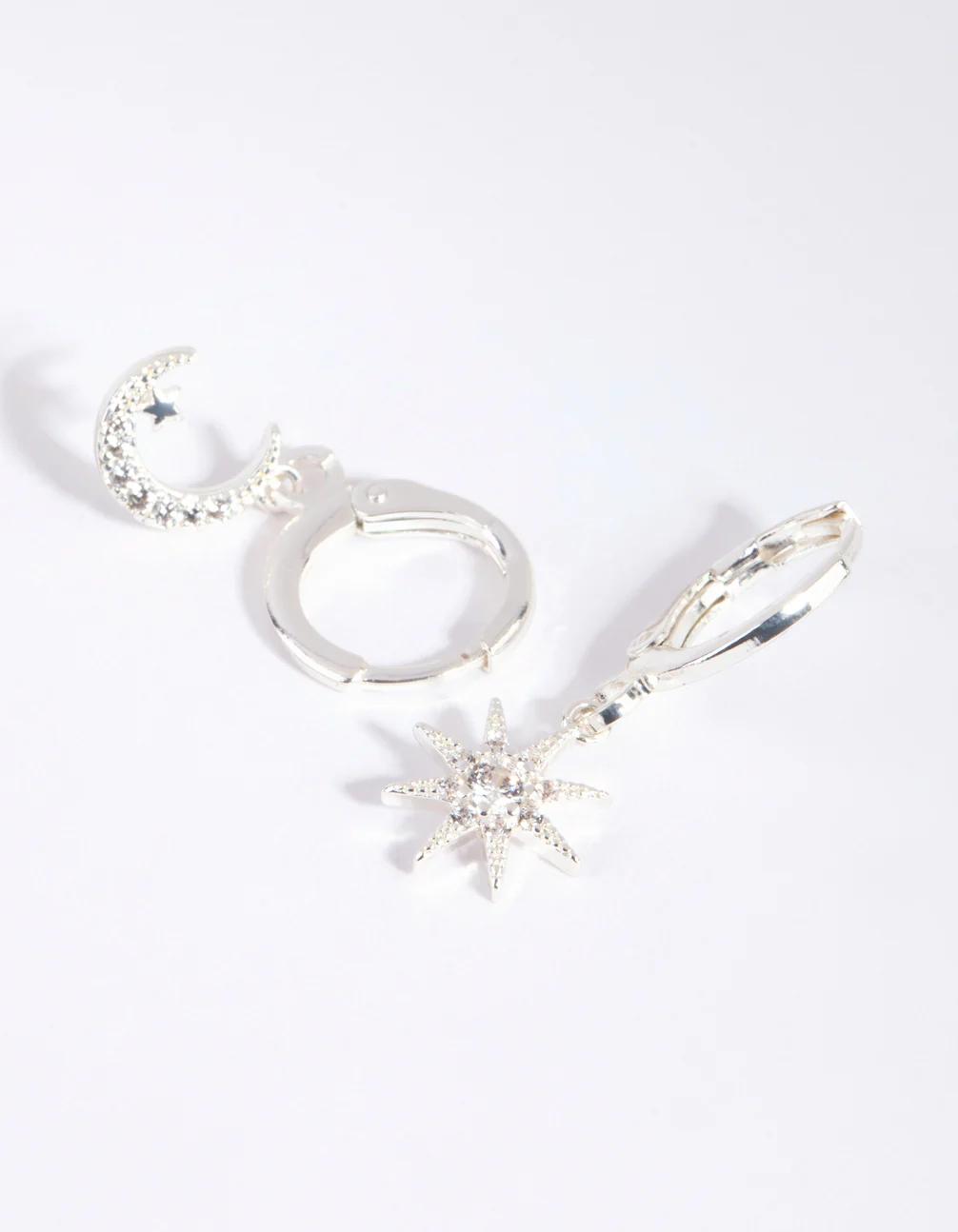 Silver Diamante Mismatched Celestial Huggie Earrings - Image 3