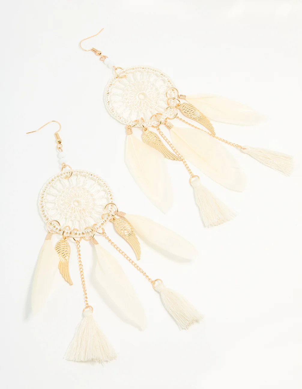 Cream & Gold Feather Dreamcatcher Drop Earrings
