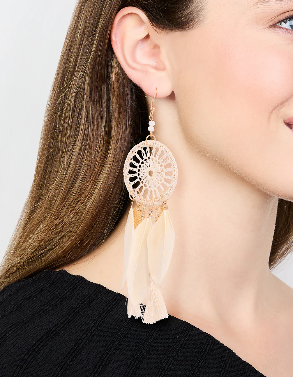 Cream & Gold Feather Dreamcatcher Drop Earrings - Image 2