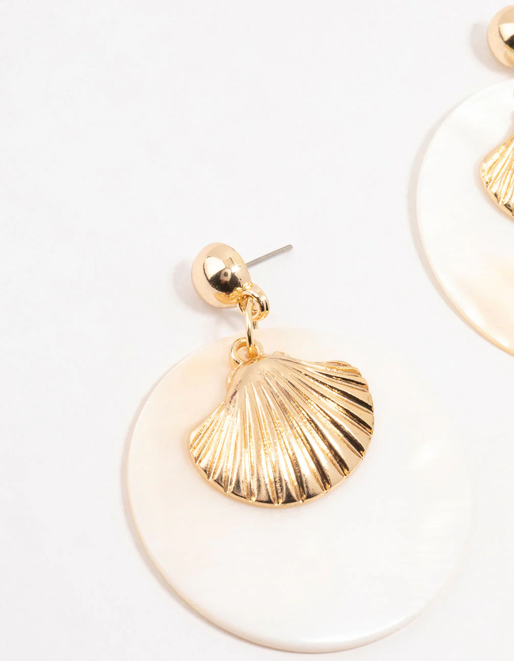 Cream Genuine Shell Disc & Gold Ribbed Genuine Shell Drop Earrings - Image 2
