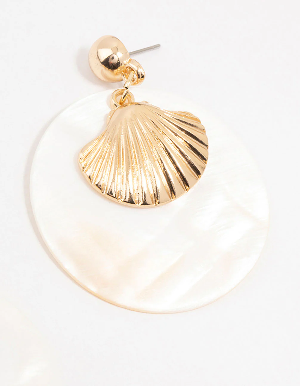 Cream Genuine Shell Disc & Gold Ribbed Genuine Shell Drop Earrings - Image 3