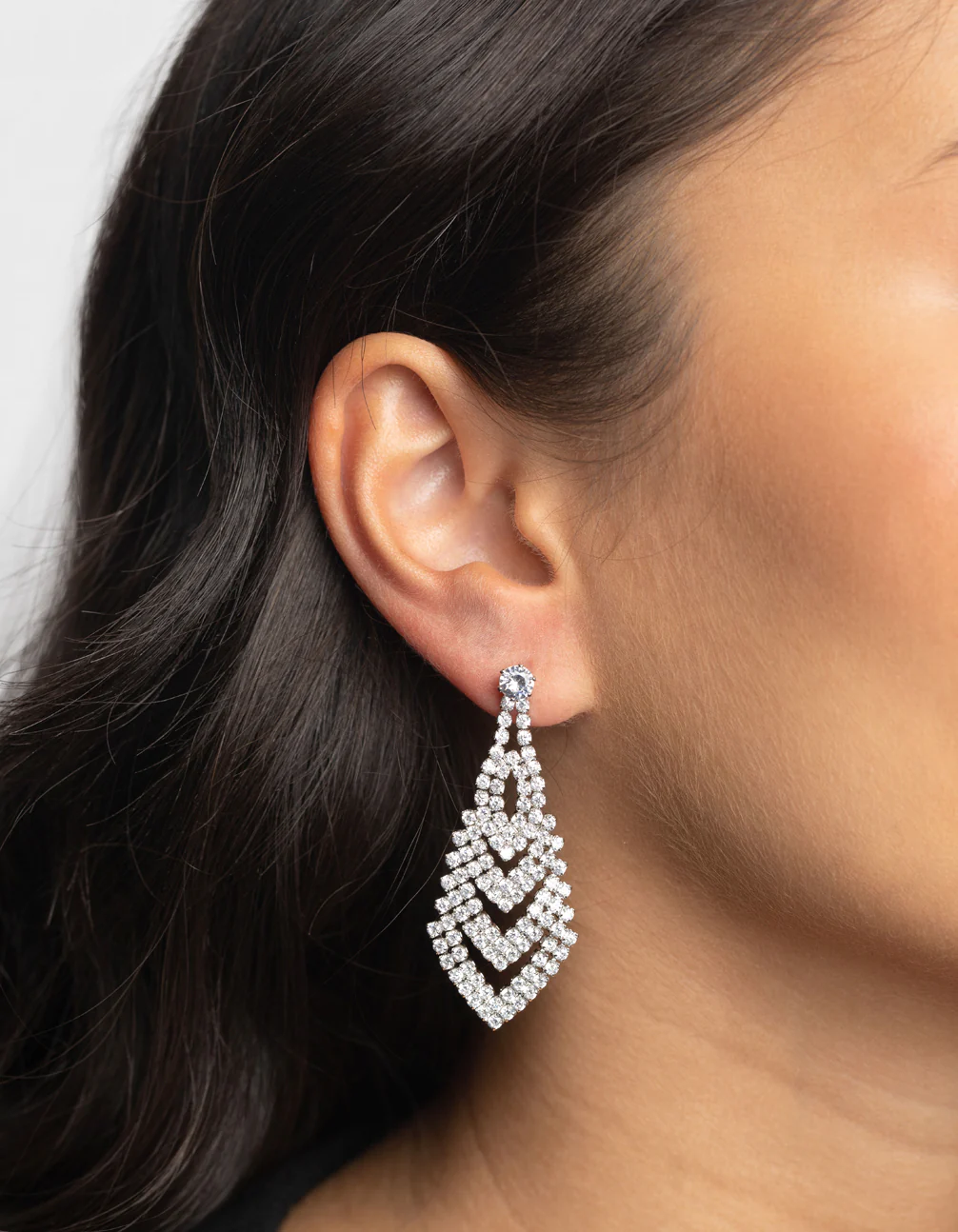 Silver Cubic Zirconia V Drop Earrings - Image 2