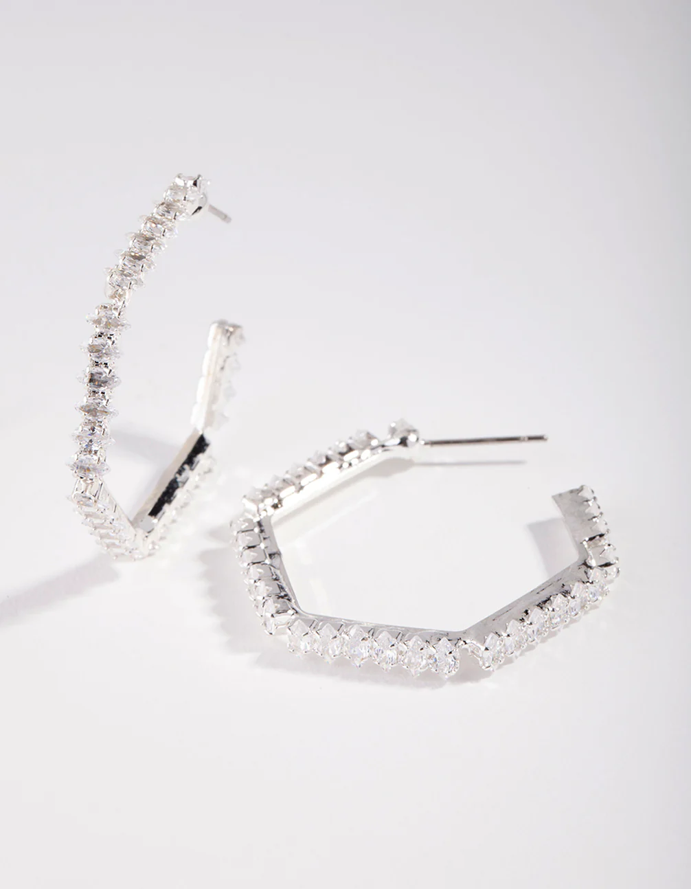 Silver Cubic Zirconia Hexagon Hoop Earrings