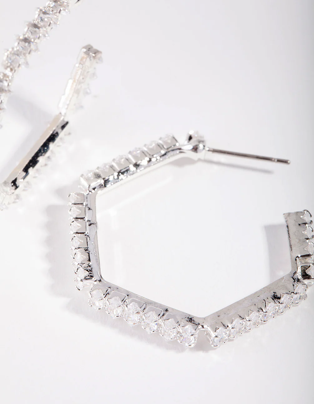 Silver Cubic Zirconia Hexagon Hoop Earrings - Image 3