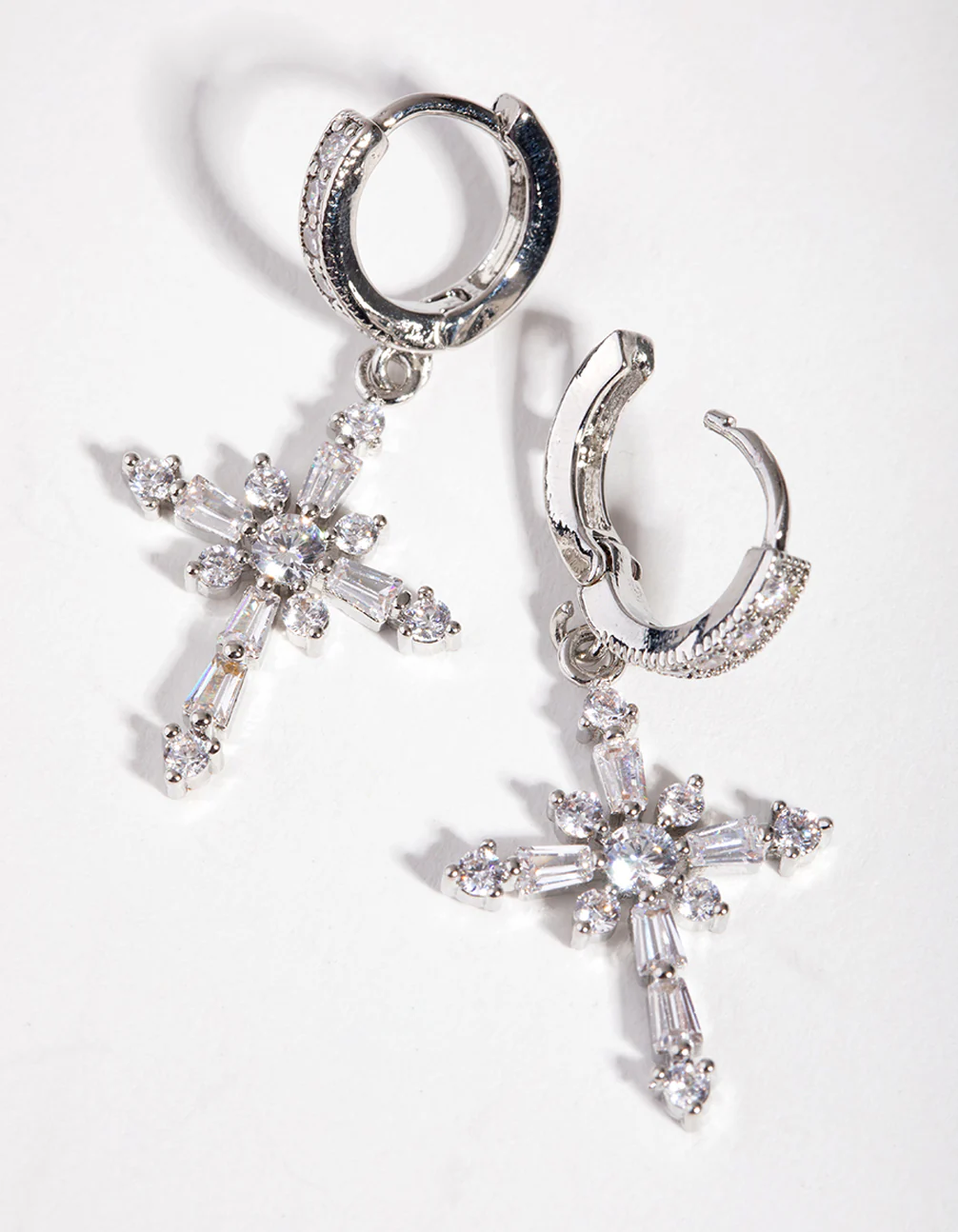 Silver Crystal Stone Cross Hoop Earrings - Image 2