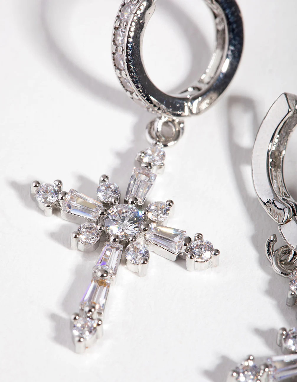 Silver Crystal Stone Cross Hoop Earrings - Image 3