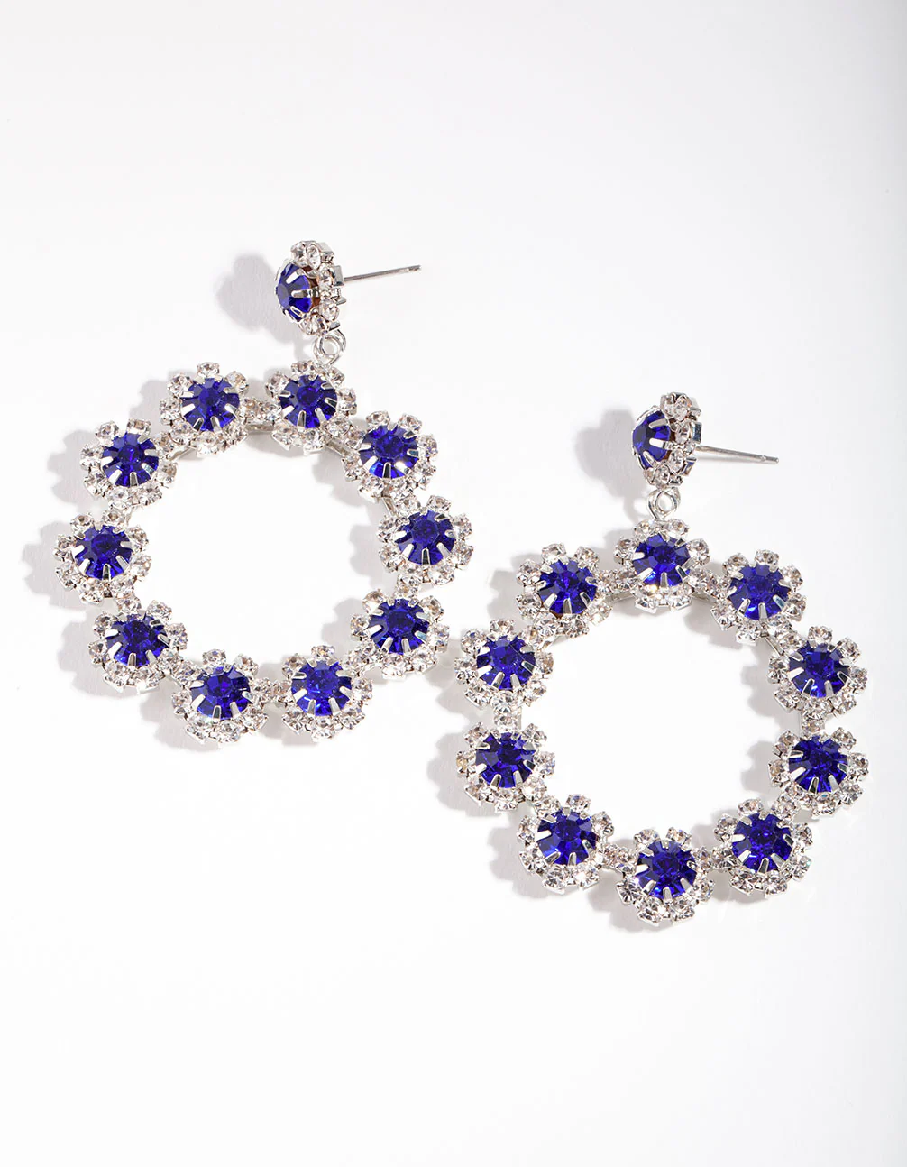 Silver Blue Diamante Flower Circle Drop Earrings