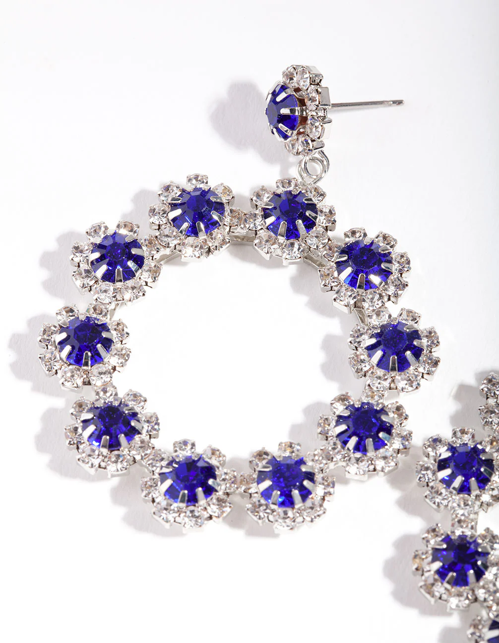 Silver Blue Diamante Flower Circle Drop Earrings - Image 2