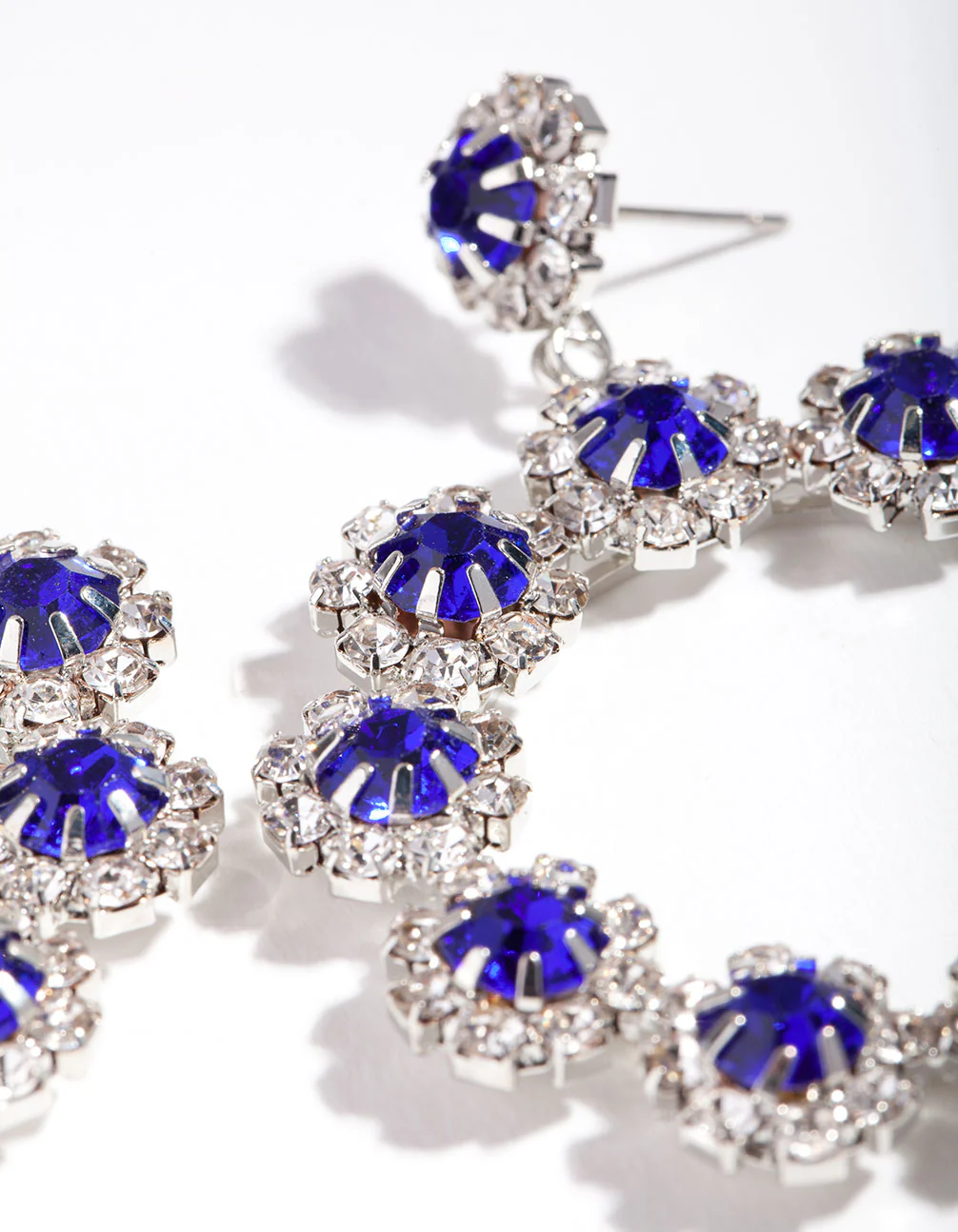 Silver Blue Diamante Flower Circle Drop Earrings - Image 3