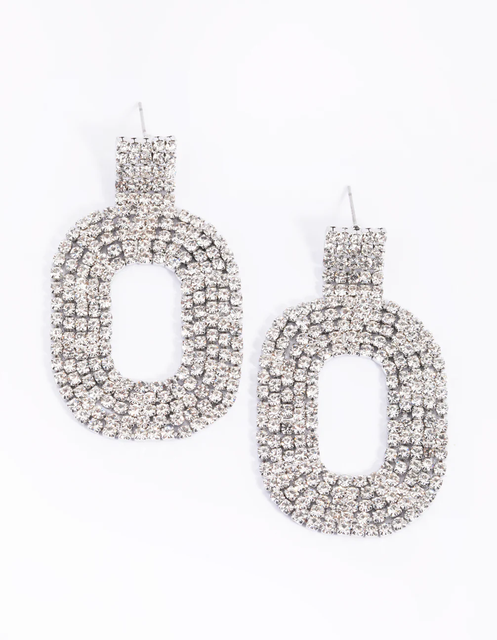 Silver Oval Diamante Drop Earrings