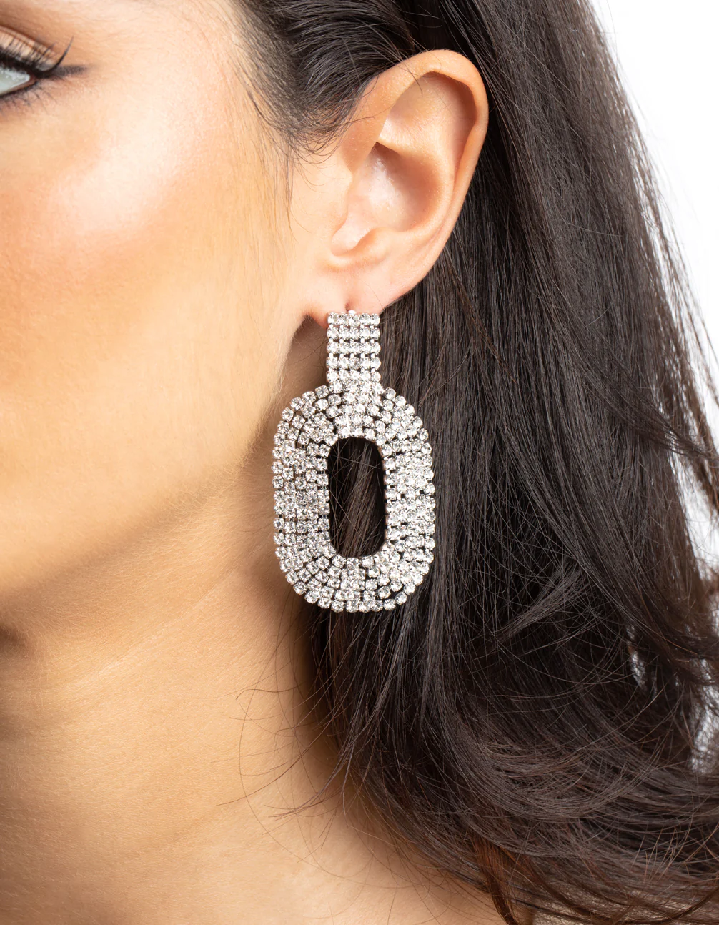 Silver Oval Diamante Drop Earrings - Image 2