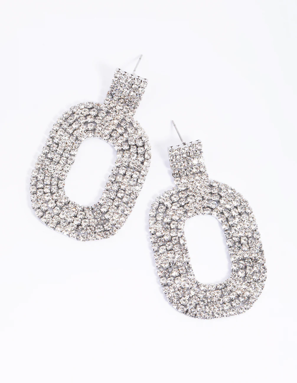 Silver Oval Diamante Drop Earrings - Image 3
