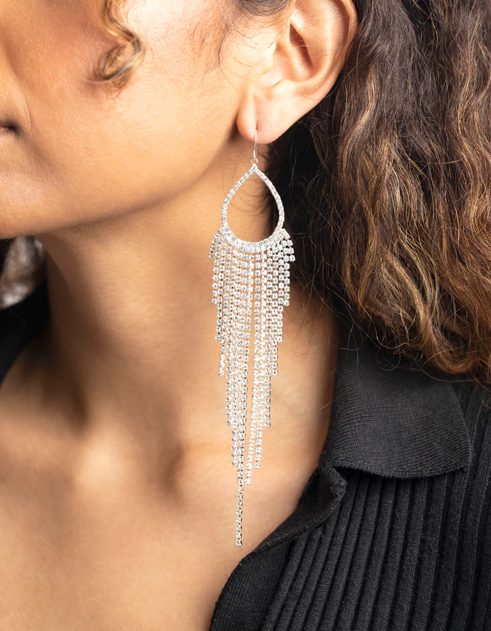 Silver Diamante Fringe Drop Earrings - Image 2