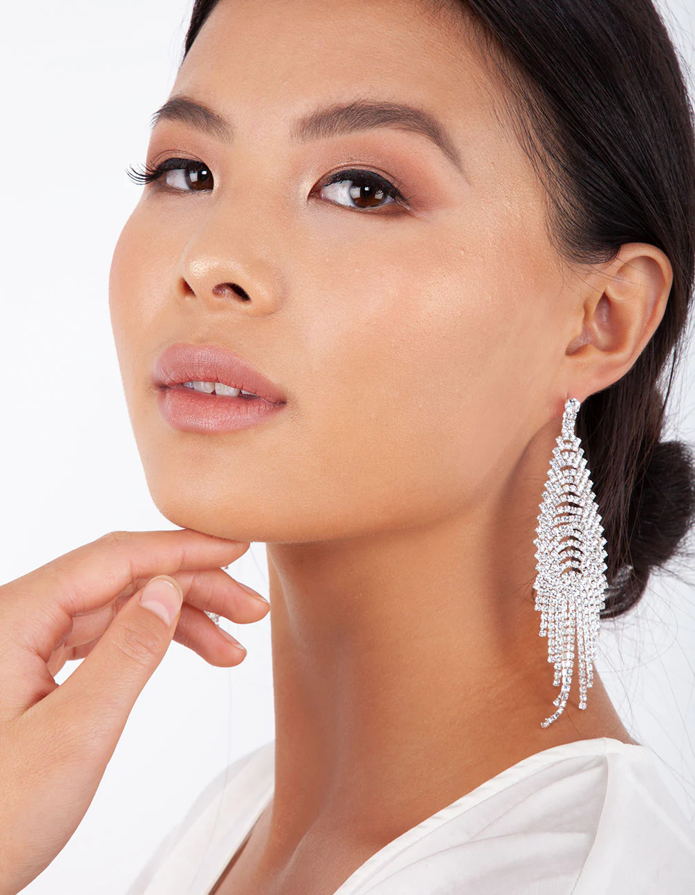 Silver Cup Chain Diamante Fringe Drape Earrings - Image 2