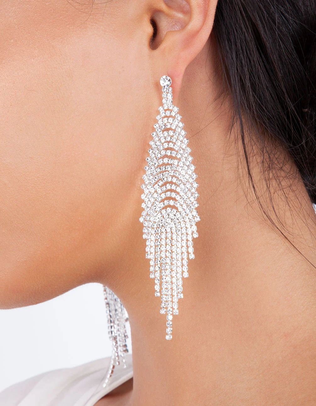 Silver Cup Chain Diamante Fringe Drape Earrings - Image 3