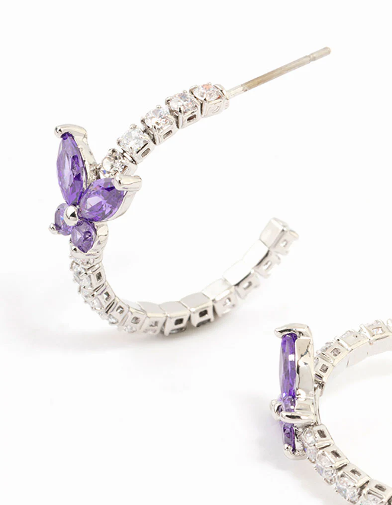 Diamante Silver Cupchain Butterfly Hoop Earrings - Image 2