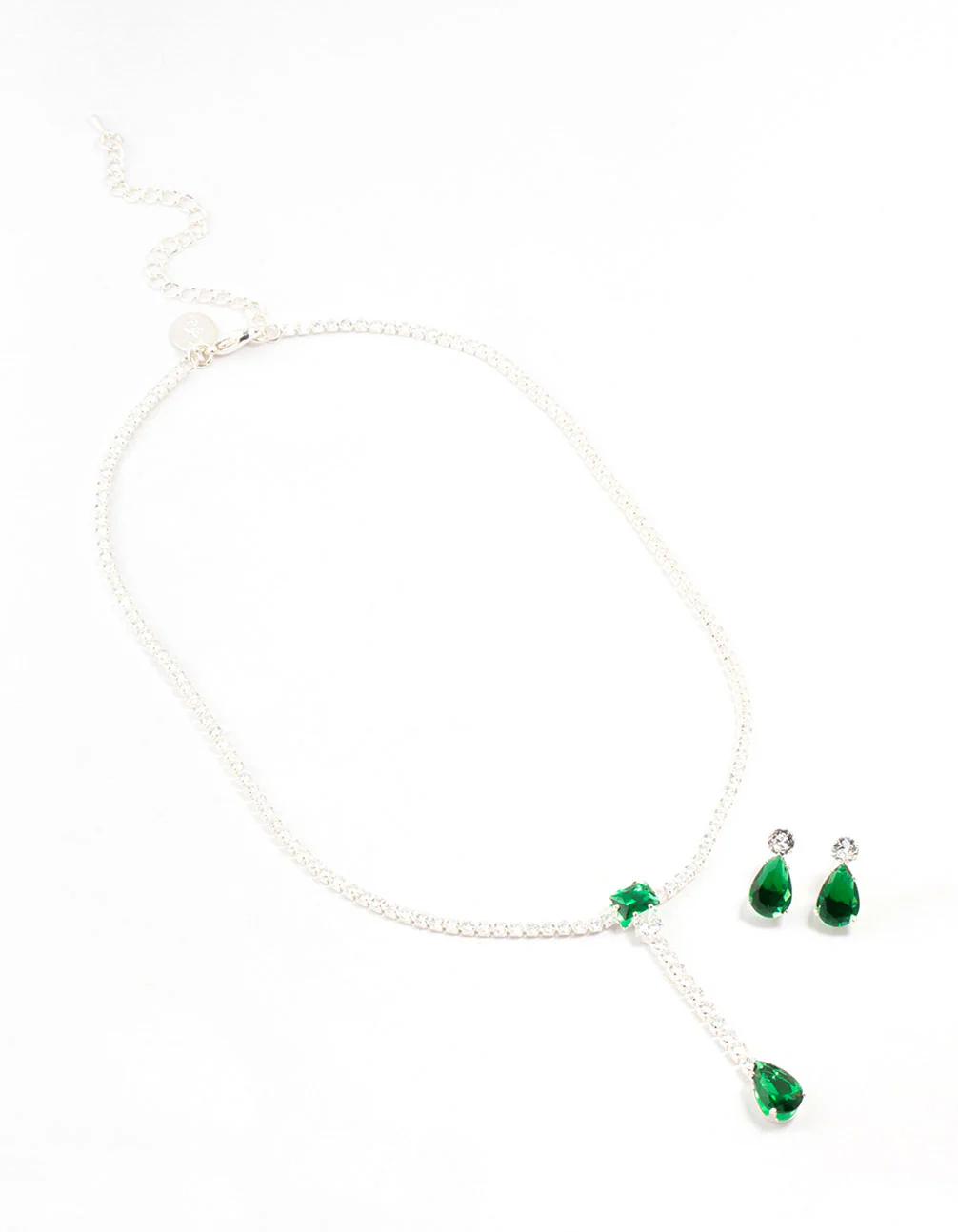 Emerald Cubic Zirconia Silver Y-Necklace & Earrings Set - Image 2