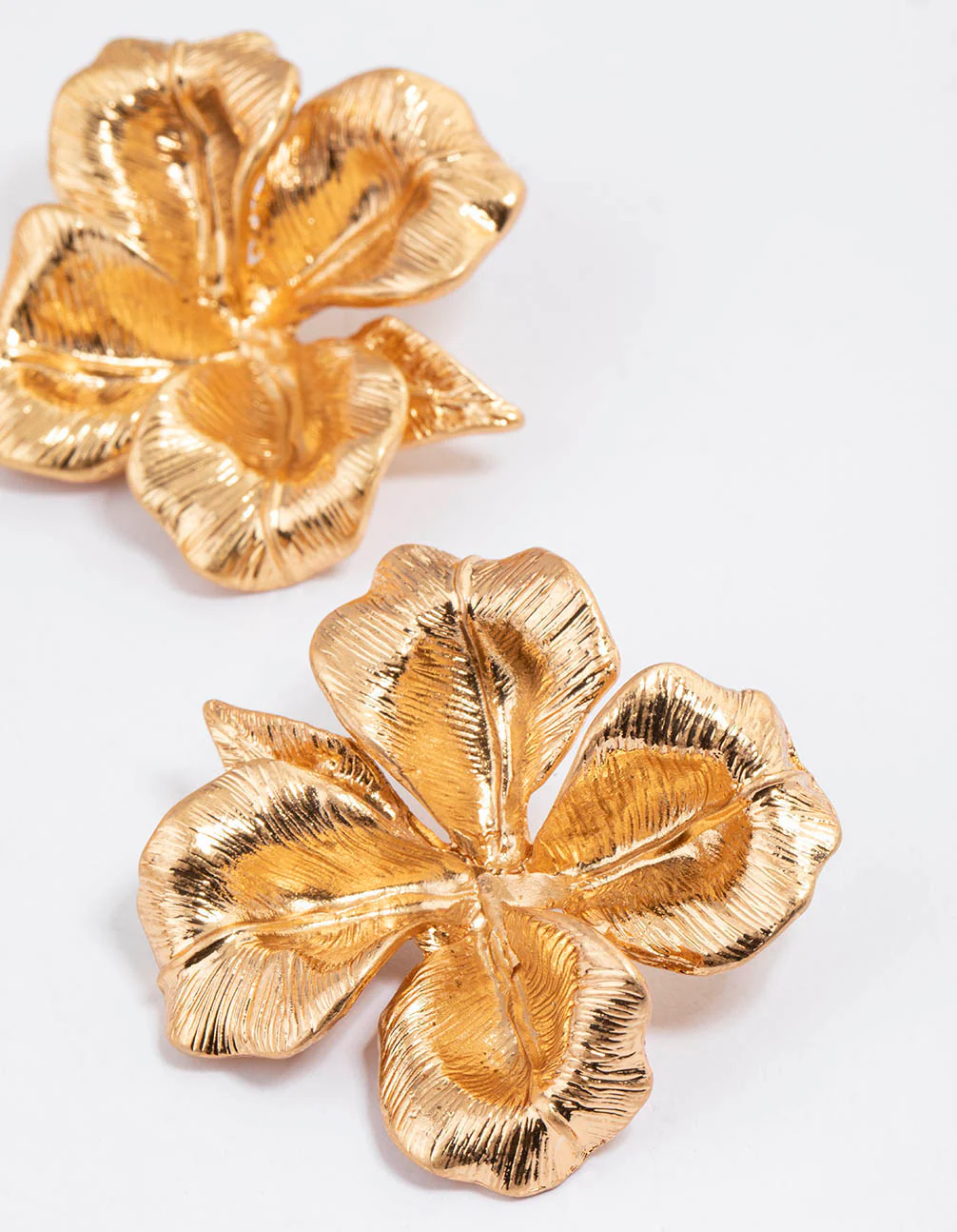 Worn Gold Statement Flower Stud Earrings - Image 2