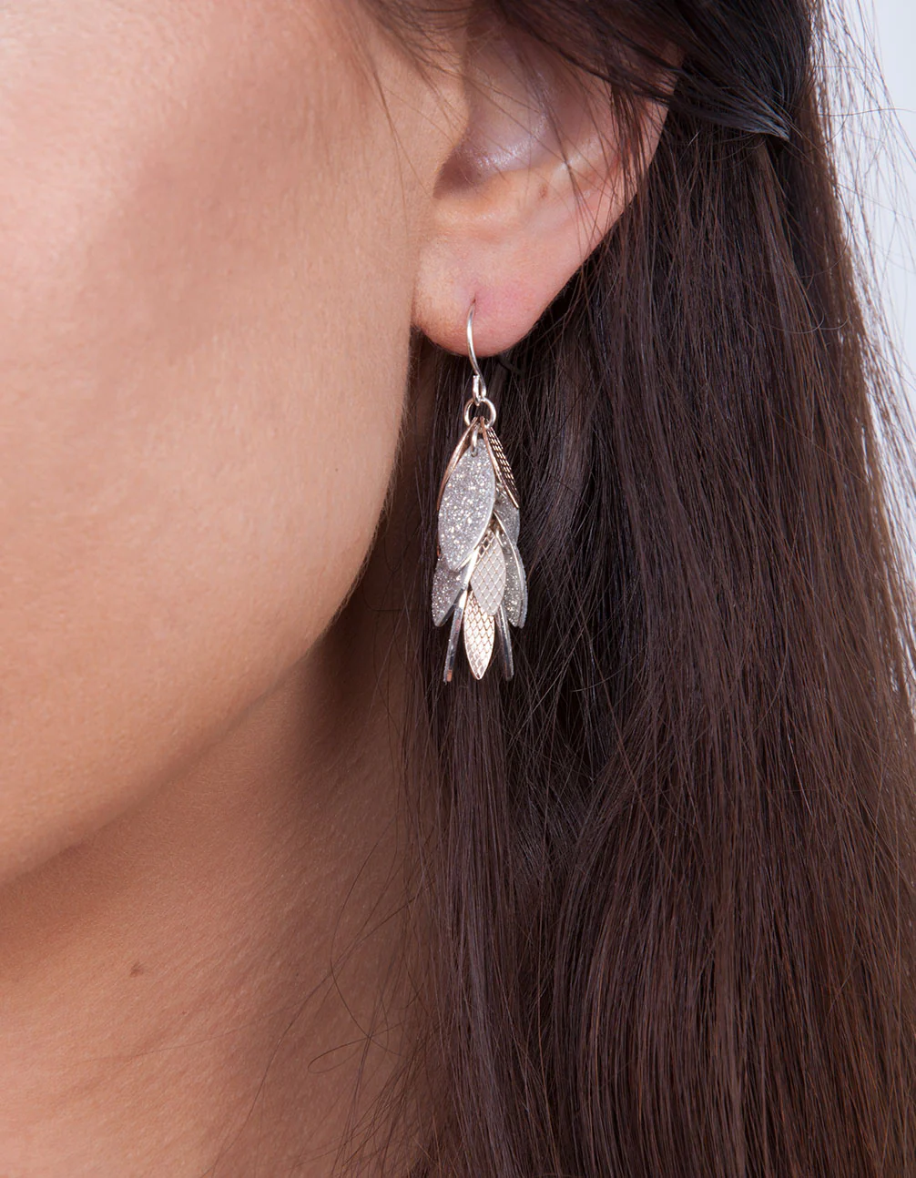 Silver Rose Gold Glitter Leaf Drop Earrings - Image 3