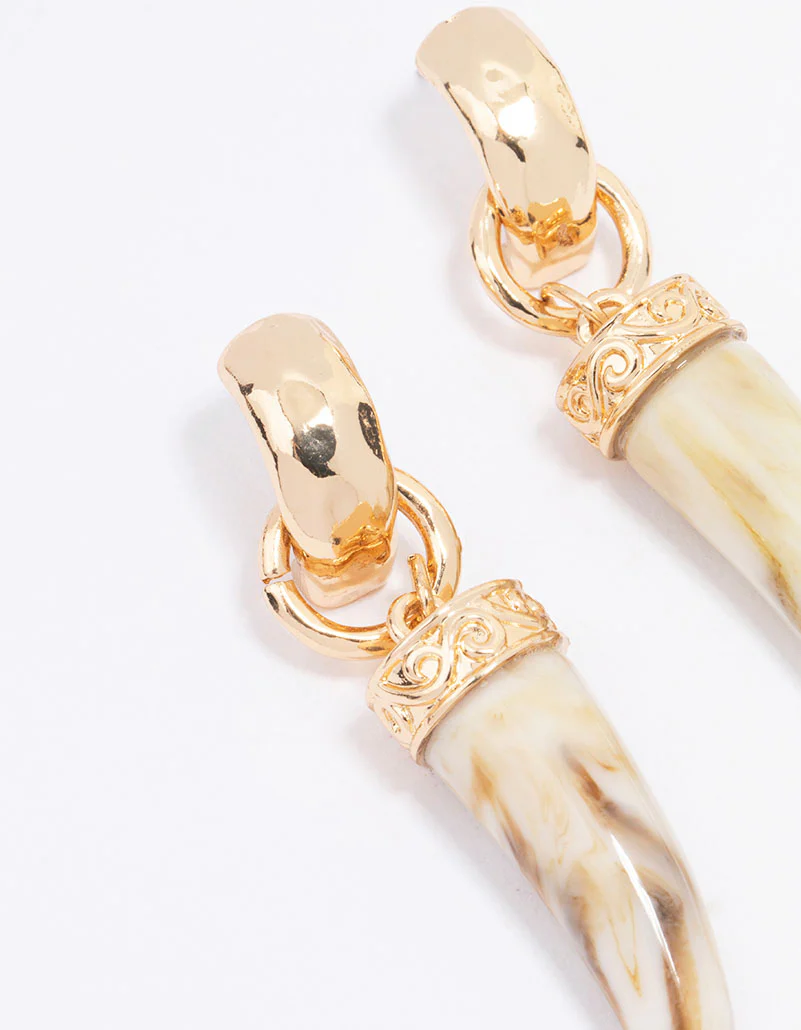 Gold Acrylic Marble Tusk Drop Earrings - Image 2