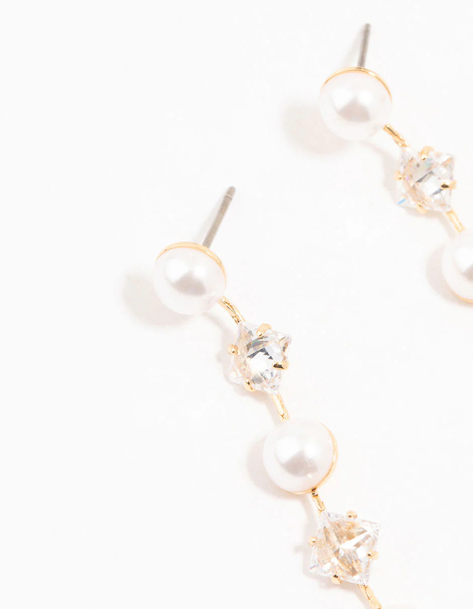 Gold Plated Alternating Pearl & Cubic Zirconia Drop Earrings - Image 2
