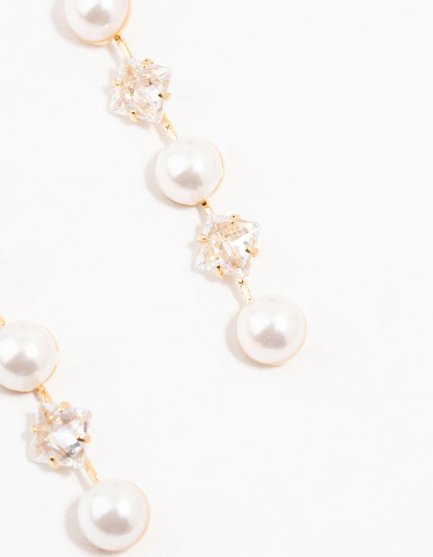 Gold Plated Alternating Pearl & Cubic Zirconia Drop Earrings - Image 3