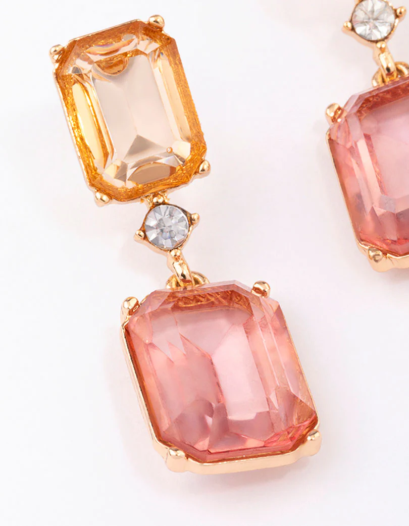 Gold Amber Square Stone Drop Earrings - Image 2