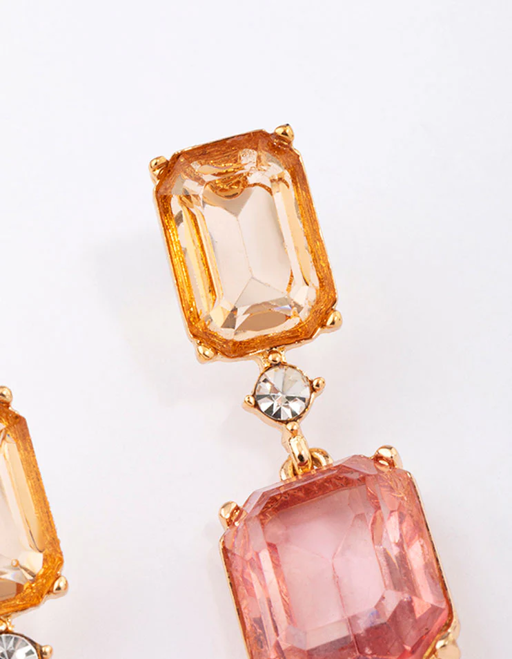 Gold Amber Square Stone Drop Earrings - Image 3