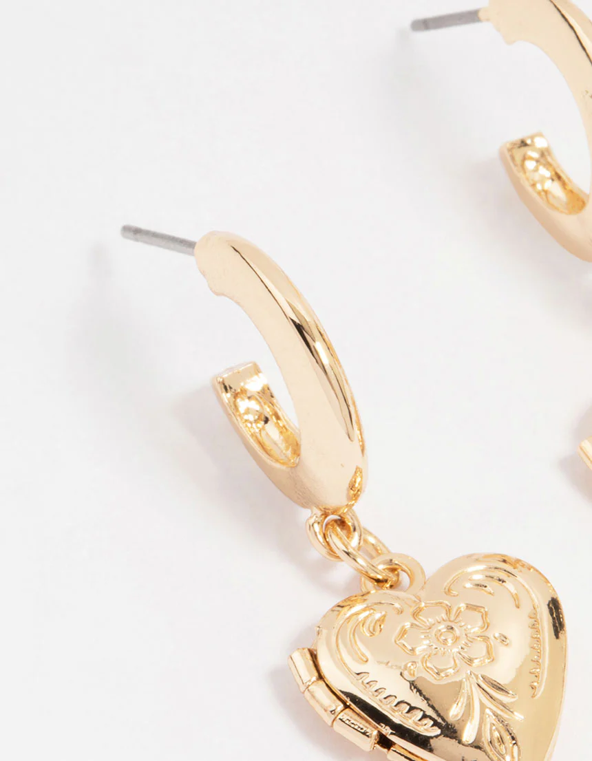 Gold Antique Heart Locket Earrings - Image 2