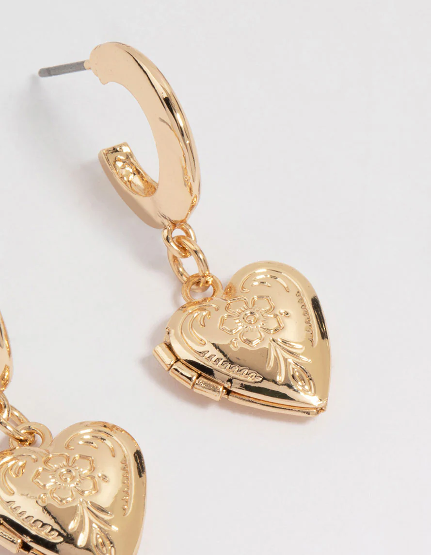 Gold Antique Heart Locket Earrings - Image 3