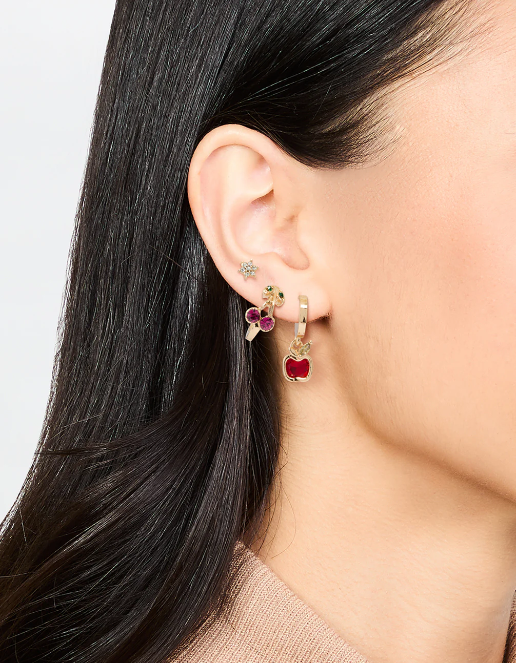 Gold Apple & Cherry Hoop Earrings 3-Pack - Image 2