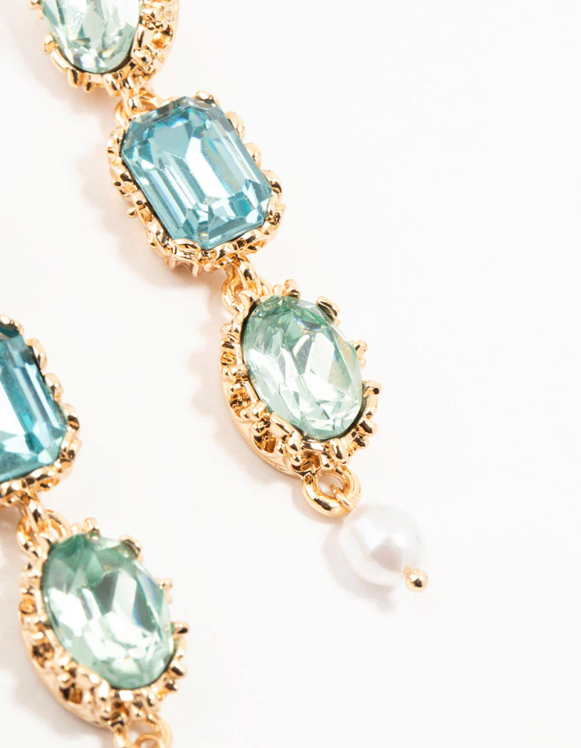 Gold & Aqua Mixed Shape Diamante Drop Earrings - Image 3