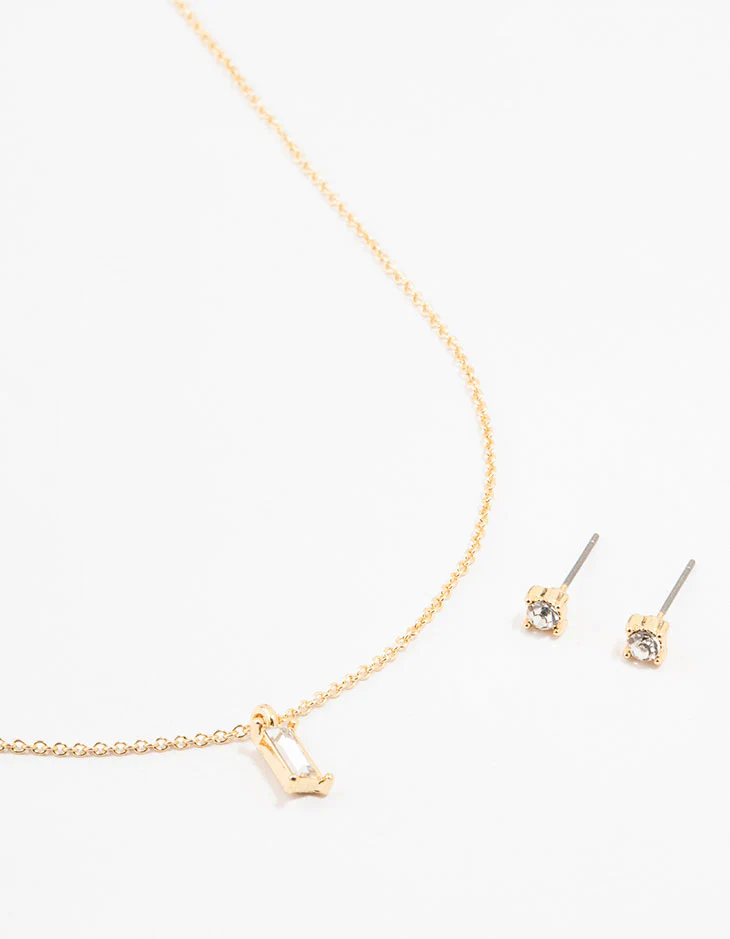 Gold Plated Baguette Necklace & Stud Earrings Set