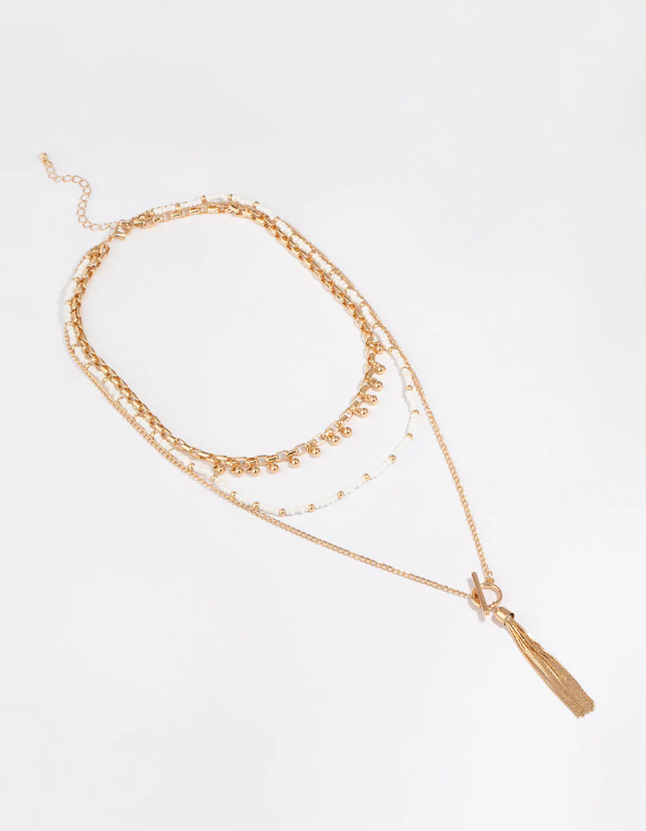Gold Bead & Tassel Layered Necklace - Image 2