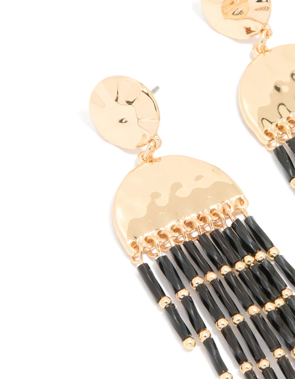 Gold Black Beaded Fountain Drop Earrings - Image 2