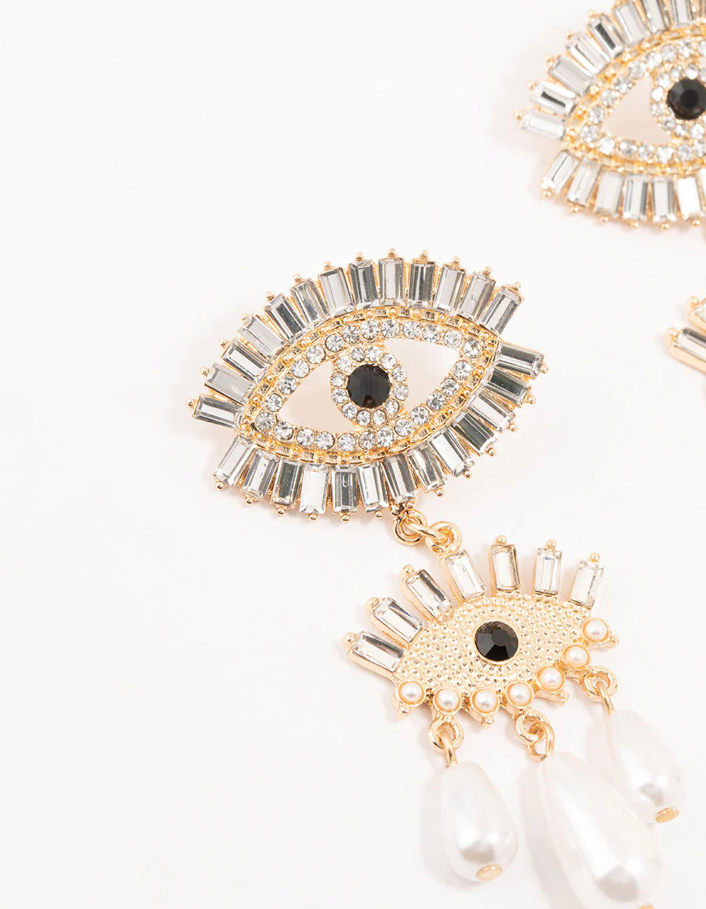 Gold & Black Pearl Evil Eye Drop Earrings - Image 2