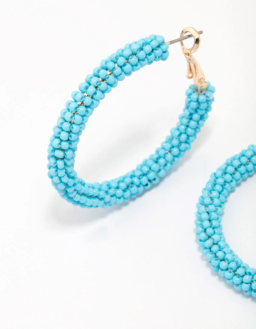Gold & Blue Beaded Round Hoop Earrings - Image 3