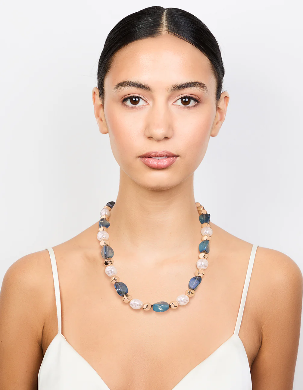 Gold Blue Beaded Short Necklace - Image 3