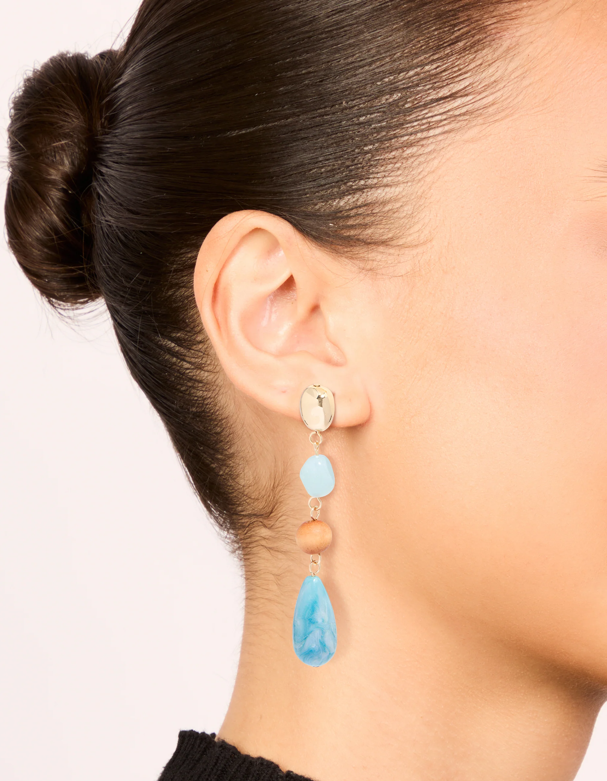 Gold Blue Beaded & Wood Organic Drop Earrings