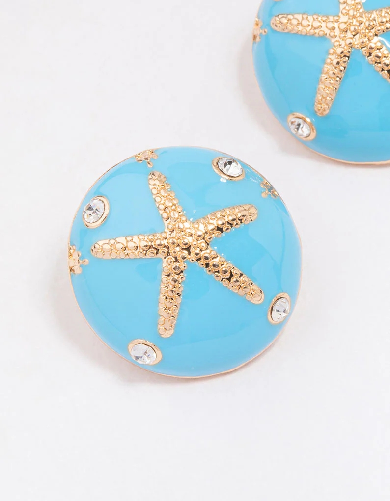 Gold & Blue Enamel Starfish Stud Earrings - Image 2