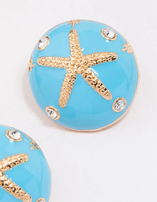 Gold & Blue Enamel Starfish Stud Earrings - Image 3