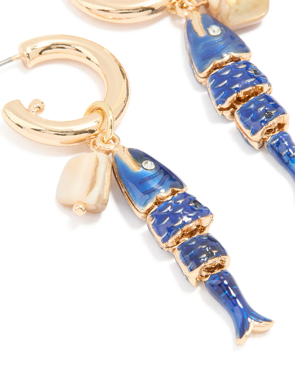 Gold Blue Fish Charm Hoop Earrings - Image 2