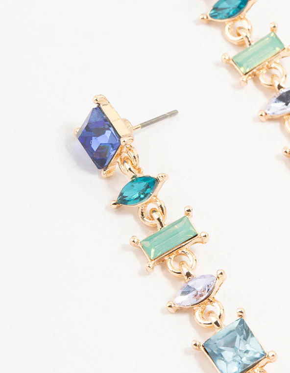 Gold & Blue Mixed Shape Square Drop Earrings - Image 2